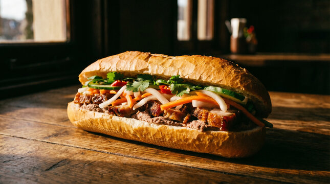 Vietnamese sandwich with grilled meat, pickled vegetables, cucumber slices, and cilantro on baguette bread presented on wooden surface with natural window light