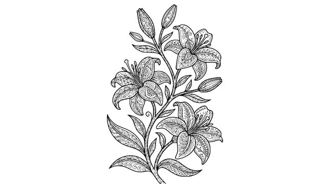 Hand drawn lilies flowers zentangle coloring illustration with decorative botanical doodle for antistress design vector