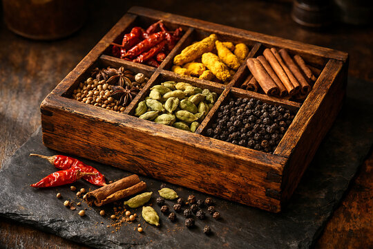Wooden spice box with assorted spices on slate