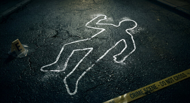 Ultra hyper realistic crime scene chalk outline of a human body lying flat