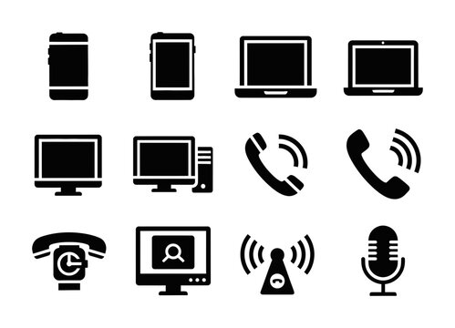 12 Communication icons smartphone laptop computer monitor telephone microphone, outline solid styles, UI and web interface design