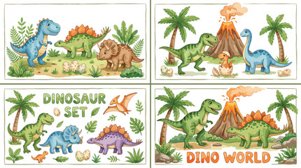 Cute dinosaur cartoon set with prehistoric animals volcano jungle scene and baby dinos vector illustration collection © koushar