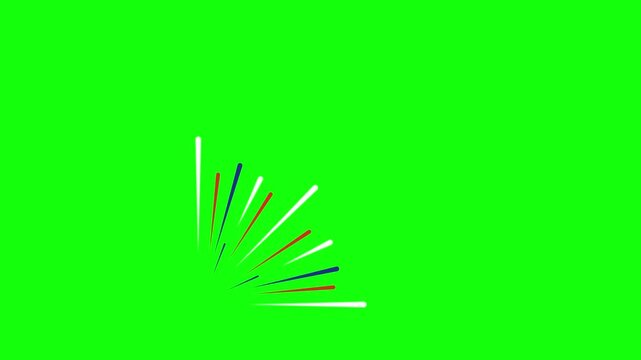 A 2D motion graphics video of abstract red, white, and blue elongated streaks radiating outward from a single lower-left point on a bright green background. Smooth expansion animation, clean vector.