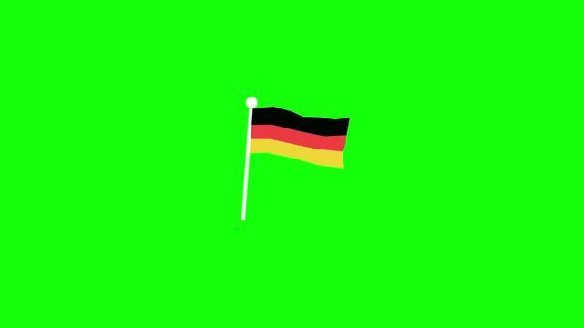 A 2D animated video of the German flag waving gently on a bright green background. Show smooth cloth-like motion with soft ripples across the black, red, and gold horizontal stripes attached.