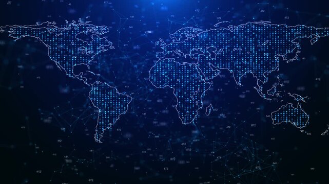 Digital world map network background with blue dotted continents, connected nodes, floating numbers, dark global technology space. for data videos, finance news, telecom promos, and cyber dashboards.