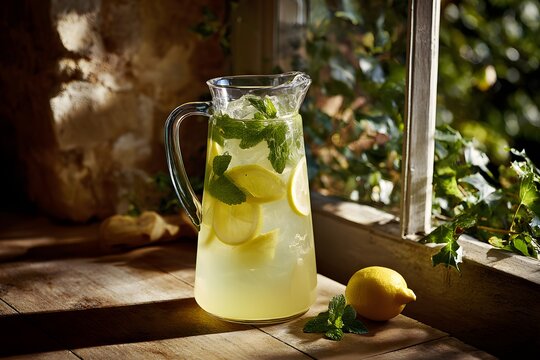 Frosted glass pitcher filled with refreshing lemonade and mint, bathed in sunlight by a window