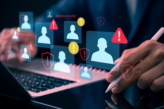 User account security warning alert on digital interface with profile and shield protection, suspicious activity risk detection and identity verification system for cybersecurity and access control