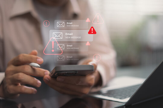 spam email and phishing threat notification on smartphone, cyber security alert email notification warning, user checking inbox interface detection mobile communication risk protection online safety