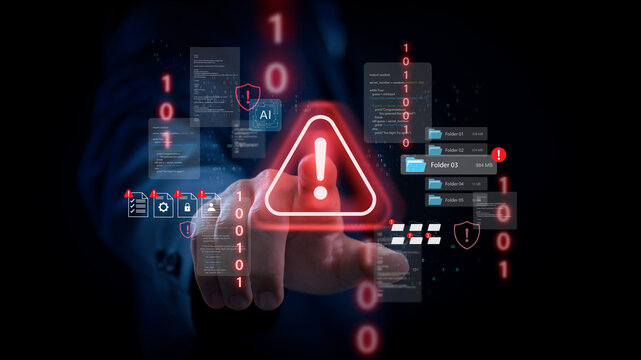 Data cybersecurity warning alert with ai monitoring system showing file risk detection and cyber threat notification for data protection system control and information security technology