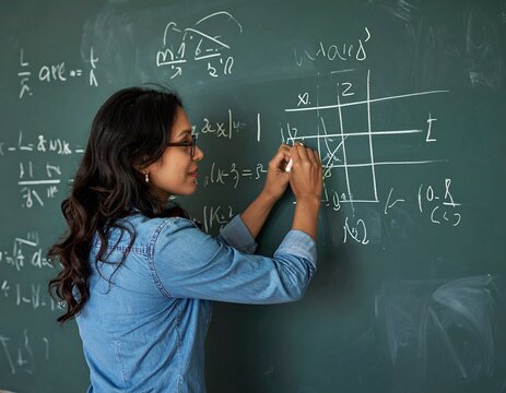 Inspiring academic photography showing a female student or teacher writing complex mathematical equations on glass.