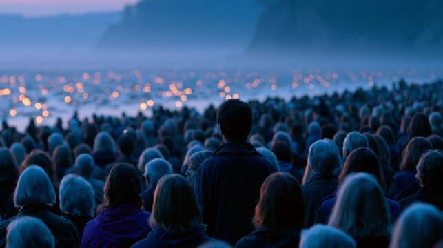 Wide establishing shot of Memorial Day dawn ceremony at coastal war memorial, silhouettes of attendees facing water, wreaths floating outward, mist and quiet, perfect for patriotic remembrance, coas