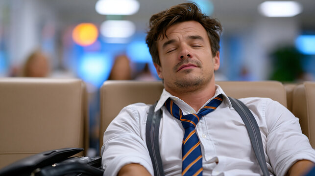 A corporate professional slumps in a stiff chair in a beige hospital waiting room, still dressed in work attire, tie loosened and eyes closed under harsh fluorescent lighting, a briefcase at their f