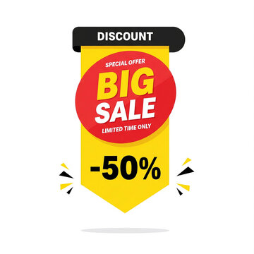 Big sale announcement banner with "discount" and "-50% off" limited time price reduction save money hot deal super sale great offer seasonal sale