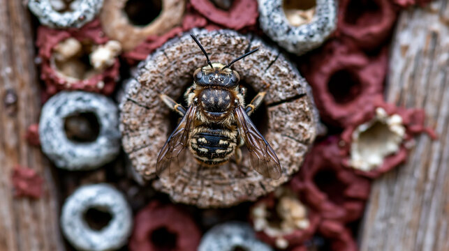 Close up of bee hotel cross section mounted on garden fence, mason bees entering and sealing chambers with mud, detailed natural architecture of nesting tubes visible, ideal for native bee habitat, 