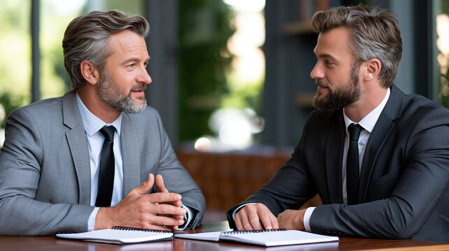 Gray-haired coach and young executive sit face to face across a polished mahogany table in a sunlit private office, open notebooks between them, body language showing active listening and trust, ide