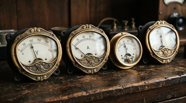 Vintage Panel-Mount Ammeter and Voltmeter with Brass Bezels and Analog Dials
