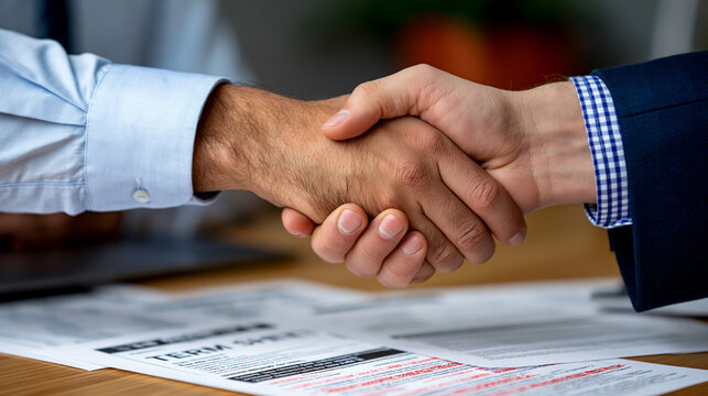 Handshake visible only from the elbow down above a conference table scattered with printed term sheets and red-line edits, formal sleeves and a tense grip conveying high stakes, ideal for b2b negoti