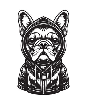French Bulldog in Hoodie, Black and White Vector Illustration, Streetwear Dog Portrait, Monochrome Mascot Design