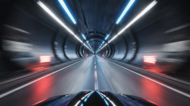 Car speeding through modern illuminated tunnel with motion blur