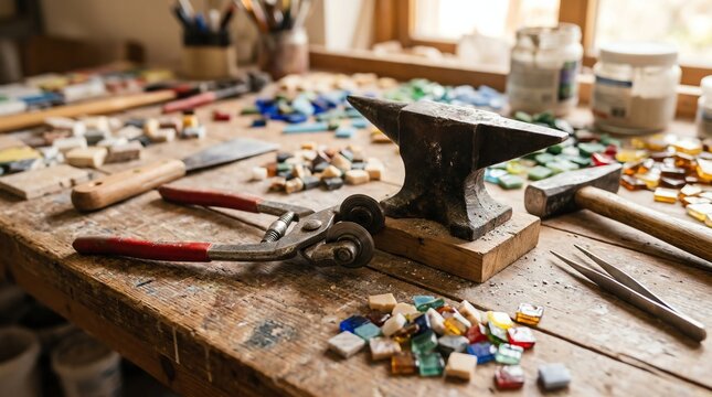 Mosaic Making Tools Including Nippers Tweezers and Hardie for Cutting Tesserae