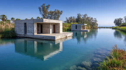 Obraz premium delta estuary in palestine bathed in clear blue light featuring ultraminimalistic architecture