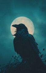 Obraz premium Dark raven with flowing ink like feathers dissolving into mist before a luminous full moon in deep blue night sky creating dramatic gothic fantasy atmosphere for halloween posters book covers and myst