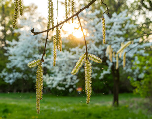 Fototapeta premium A delicate branch displays catkins against a backdrop of blossoming trees and a radiant sun.