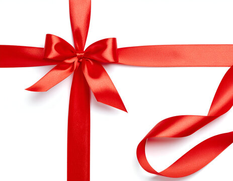 A vibrant red ribbon is elegantly tied into a bow on a pristine white background.