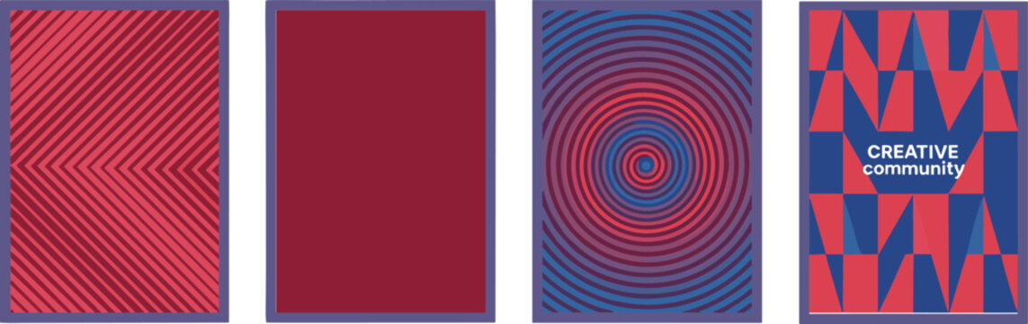 Geometric posters with chevron lines, concentric circles, abstract triangles, and creative community text design