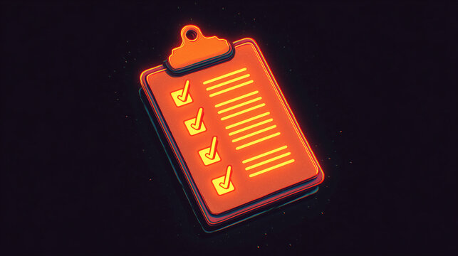 Glowing neon checklist icon on dark background with bright orange light effect representing task management productivity planning goals and successful project completion concept for business apps