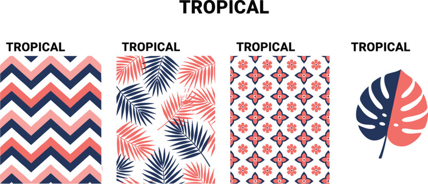 Tropical geometric patterns with zigzags, palm leaves, floral motifs, and stylized leaf designs in coral and navy