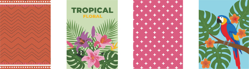 Vector illustration of tropical posters with floral motifs, zigzag patterns, and parrot design © Sheikh