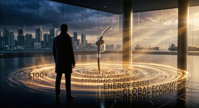 Brent crude fuel inflation energy shock global economy economic crisis concept with gas pump nozzle and $100 price spiral financial instability illustration