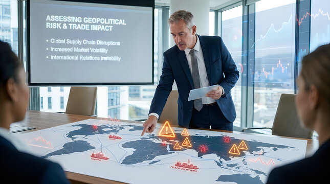 Businessman analyzing geopolitical risk and trade impact on world map