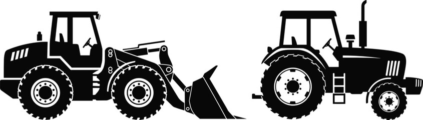 Heavy Construction and Agriculture Machinery Silhouette Set Featuring Industrial Wheel Loader and Farm Tractor for Engineering Building Site and Farming Equipment Graphic Design Projects © MD