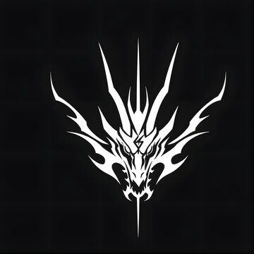 White Stylized Dragon Head on Black Background, Symmetrical Monochrome Logo Design
黒背景に白いスタイライズドドラゴンヘッド、対称的なモノクロロゴデザイン