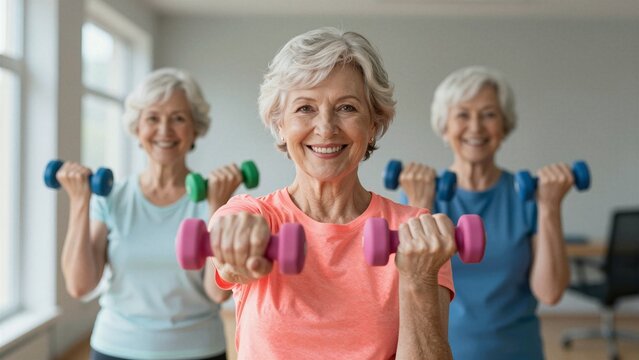 Three smiling senior women performing arm exercises with colorful dumbbells in a bright fitness room.