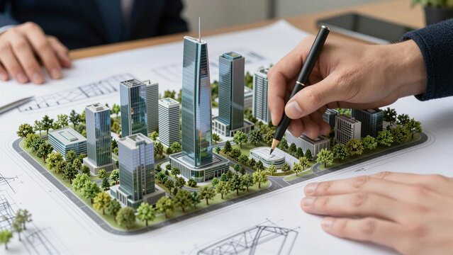 Close-up of hands sketching a detailed miniature model of an eco-friendly city with skyscrapers and green spaces on architectural plans.