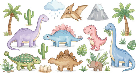 Colorful Dinosaur Collection with Cactus, Palm Trees, and Volcano, Featuring Stegosaurus, Brontosaurus, and Pterodactyl for Kids’ Illustrations © Rownok
