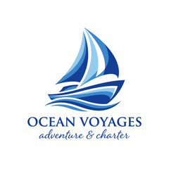 Obraz premium The logo beautifully features a sailboat in dynamic waves, conveying a sense of adventure and exploration, ideal for a company specializing in ocean voyages and charters.