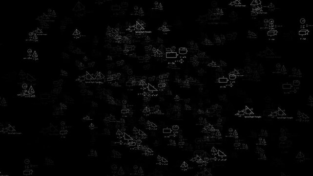 Black mathematics formula background white geometry diagrams, equations, graphs, classroom science symbols. education videos, tutorial intros, academic titles, school screens, and learning overlays.