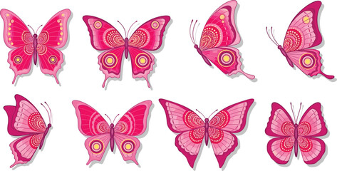 Professional set of eight decorative pink butterflies in various flying poses isolated on white background © Romana