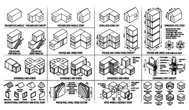 Isometric Modular Home Outline Icon Set Modern Smart Housing Line Art Vector Illustration Isolated White Background