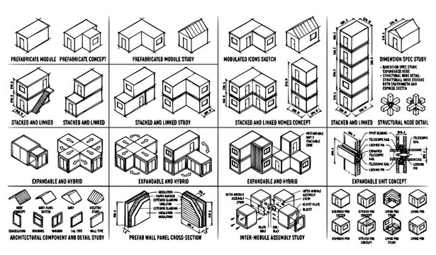 Hand Drawn Modular Home Outline Sketch Icons Collection Architectural Line Art Vector Illustration