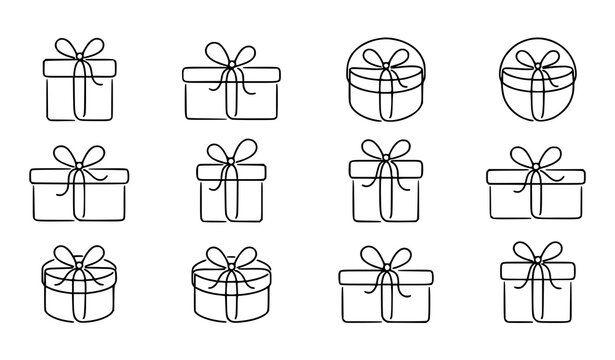 Minimal Gift Box Outline Icon Set with Ribbon Bow Line Art Vector Illustration
