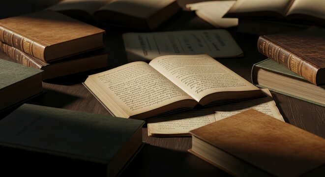Vintage Books and Manuscripts on a Dark Wooden Table