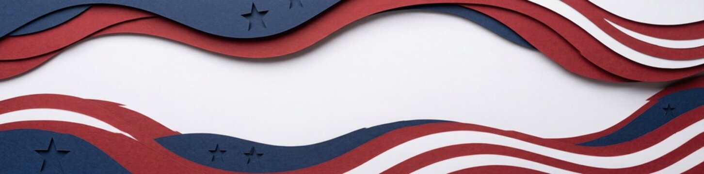 Abstract paper cut style American flag banner with white copy space. Perfect modern header for 4th of July newsletters, patriotic website banners, and Independence Day sales promotions