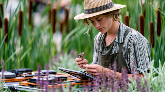 Vibrant colorful wetland bird banding station, ornithologist holding small warbler for data collection, folding table of field equipment in cattail clearing, candid scientific work, ideal for wildli
