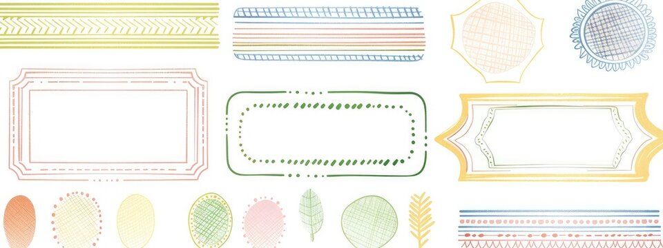 Pastel scribble frames, shapes, and banners on white background for design usage
