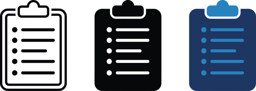 Clipboard vector icon set in black and blue flat style, editable checklist and travel document symbol collection for tourism apps and planning graphics